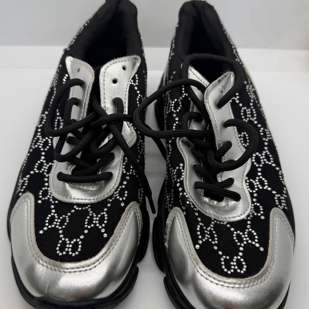 Women's Black and Silver Rhinestone Lace-Up Sneakers